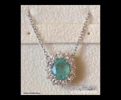 COLLANA ORO BIANCO 18 kt. DIAMANTI E SMERALDO